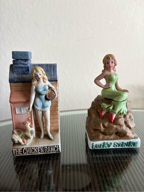 Vintage Ceramic Figurine Pair - Blue & Green Pin-Up Ladies